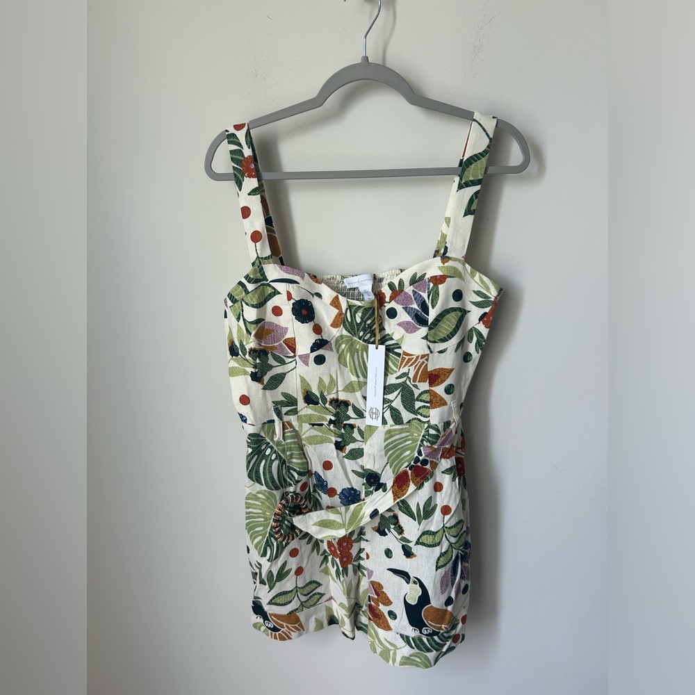 HoH1960 Floral Plant Pattern cream Shorts romper with Beaded belt